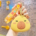 Capybara silicone keychain in bright yellow with floral strap and gold lobster clasp - Silicone Capybara Coin Purse