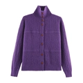 Women's purple knit cardigan featuring a stand collar and wooden buttons in a textured finish - S / Purple