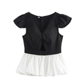 Women's V-neck patchwork top with ruffle sleeves and pleated hem in black and white - XS / Black and White Patchwork