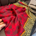 Red silk-like scarf featuring floral patterns and leopard print borders for women - 24113-red / 110*110CM