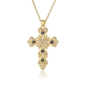 Women's gold cross pendant necklace with blue heart zircon in retro court style design - Blue
