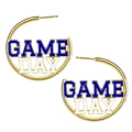 Golden round hoop earrings with blue and white Game Day lettering for rugby sports fans - Navy Blue & White
