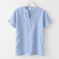 Chemise homme bleu clair en lin à manches courtes avec col officier et coupe ample - S / Bleu clair