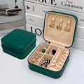 Portable dark green PU leather jewelry organizer with rings slots and necklace hooks - Zipper Style / Dark Green