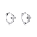 Macro shot of polished silver cross hoop earrings featuring shimmering white zircon stones - Silver Cross