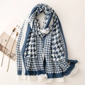 Close-up of blue and white houndstooth scarf with soft texture and elegant drape - 180*88cm / Blue