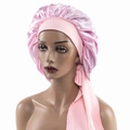 Pink satin hair bonnet for sleeping with adjustable wide tie band for hair protection - Medium / Pink
