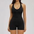 Conjunto de yoga negro de 2 piezas con top halter en V y pantalones cortos de talle alto - S / Chaleco 1 + Shorts — Negro Premium