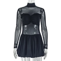 Detail of black mini dress with sheer mesh sleeves and pleated bodice on white background - S / Black