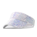 White sun visor hat for women featuring sparkling AB rhinestones on a wide curved brim - Rhinestone White