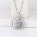 Silver round locket necklace with vintage floral engraving on polished stainless steel - Plum Blossom Round/Steel