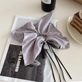 Violet grey satin bow hair scrunchie with pearl rhinestone buckle and long black ribbons - Purple Shimmer Long Streamer