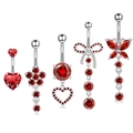 Silver stainless steel belly button rings with vibrant red heart and flower zircons - Red Collection