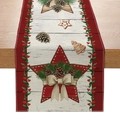 Christmas table runner with stars and gingerbread prints on red and beige wood pattern - Red Pine Cones & Gingerbread