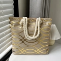 Beige faux linen tote bag with gold geometric wave patterns and thick cotton rope handles - Gold Wave