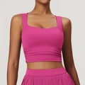 Rose pink square neck yoga tank top with side ruching details for fitness wear - Magenta