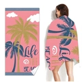 Pink beach towel with tropical palm tree print and Life @ THE BEACH slogan design - Pink Beach Life Palm Tree (STJ-019-015)