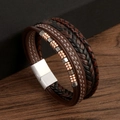 Detail of multi-layer leather braid bracelet with metallic beads and magnetic clasp - Coffee & Rose Gold