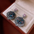 Close-up of vintage floral earrings with colorful crystals on a beige velvet box - 27# Silver Needle - Gun Black - Flower