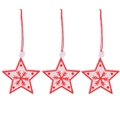 Three-piece set of white wooden star ornaments with red snowflakes and hanging ropes - White Star * 3