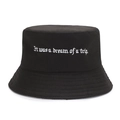 Detail of black cotton bucket hat featuring white embroidery and multi-row stitched brim - One Size / Black