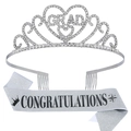 Silberne Abschlusskrone mit Strasssteinen und Congratulations Schärpe für Partys - Silber Schwarz Schrift Set (Glitzerstoff)