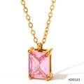 Gold stainless steel necklace featuring a square pink zirconia emerald cut pendant - Gold with Pink Zirconia (KDD123)