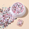 Mixed pink and silver hexagonal nail sequins in a white jar for professional manicures - Korean Large Sequins #08
