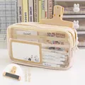Three-layer large capacity transparent pencil case in soft cream pink with mesh detail - Cream Case + Khaki Magnetic Clip / Off White