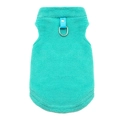 Detail of teal fleece pet vest featuring reinforced leather strap and metal D-ring for leash - S / Lake Blue
