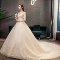 Elegante vestido de novia champán de manga larga con bordado de encaje y gran cola - US 26W / Blanco puro con cola