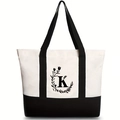 Canvas tote bag in black and white with letter K and floral print, stylish shoulder bag - Letter K / 46*12*31CM