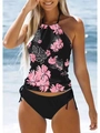 Women's halter tankini with pink floral print and side-tie black bikini bottom - Fig 3 (Black & Pink Floral Print)