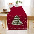 Christmas table runner with red festive trees and snowflakes on a wooden table - Red Snowy Christmas Tree Snowflake (ZQ26-4)