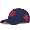 Navy blue baseball cap with 3D red embroidery featuring Wolf Mode design and flat brim - Adjustable / Navy Blue