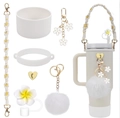 Kit accesorios para taza beige con correa tejida y tapa de pajita floral decorativa - Juego de 7 Piezas 8-Blanco Beige