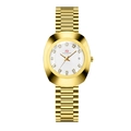 Women's gold-tone oval quartz watch with diamond markers and calendar in white dial - Women's - White Dial Gold
