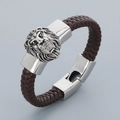 Pulsera de hombre en cuero trenzado marrón con cierre de cabeza de león en acero 316L - Estilo de Cabeza de León A (KB180671-KJX) / Marrón/Plata
