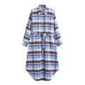 Women's plaid long-sleeve shirt dress with blue and brown checks and waist tie belt - XS / Blue White Brown Plaid