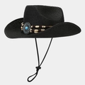 Dettaglio cappello cowboy in paglia nera con turchese blu e fascia decorativa di perle - Taglia unica / Nero