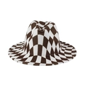 Bruin-wit geblokte wollen vilten fedora hoed met een brede rand en klassiek gedeukte kroon - 58cm (Eén maat) / Bruin-Wit Geruit