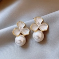 Elegant floral pearl earrings with white clover enamel and sparkling zircon center - Zircon Pearl Three-Petal Flower Stud Earrings (4#)