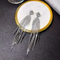 Elegant silver tassel earrings with sparkling rhinestones for formal dinner parties - Silver Fan Base Long Tassel (376)