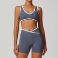 Two-piece grey-blue yoga set with contrast piping and cross waist high-rise shorts - S / Top And Bottom / Blue Gray (Bra + Shorts)