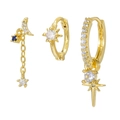 Elegant gold celestial earring set with crescent moon and star zircon pendants - 3-Piece Moon, Star & Shooting Star Set (Gold Tone) / Gold