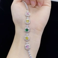 Elegant silver bracelet with multi-color square gemstones and pavé zircon accents - Multicolor (Silver Tone)