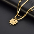 Double-layered golden clover and bead necklace on black leather background - Double Layer Clover Style / Gold