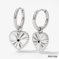 Silver stainless steel heart hoop earrings with green gemstone and radial texture - Silver Green Gemstone Heart Style(PDE1356)