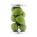 Detail view of mini teardrop makeup sponges in a clear jar with silver metal caps - Set of 8 / Matcha Green