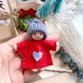 Handmade wooden Christmas girl doll ornament with red felt dress and gray knit hat - Grey Chunky Hat Red Dress Grey Heart Puppet (A34)